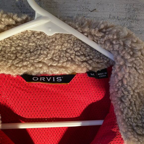 Orvis Men's size Medium Tan Red Blue Sherpa Zip-Up Vest Gorpcore Outdoor Warm - Picture 3 of 7